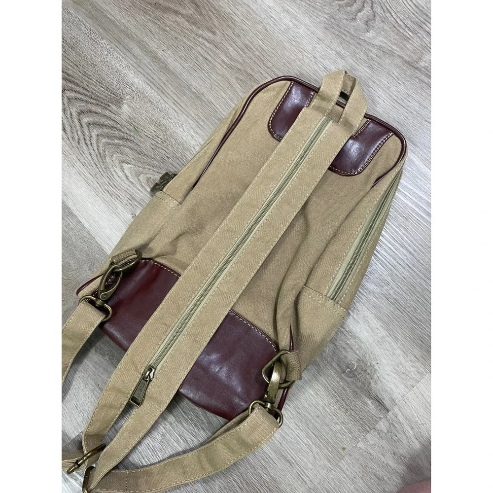 Eurosport Canvas‎ Sling Backpack Tan Brown Faux Leather Zip Vintage Travel